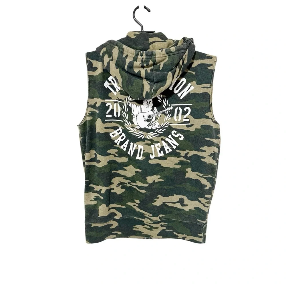 True Religion Men's M Perfectly Worn In Sleeveless Hoodie Zip Sweatshirt Green C